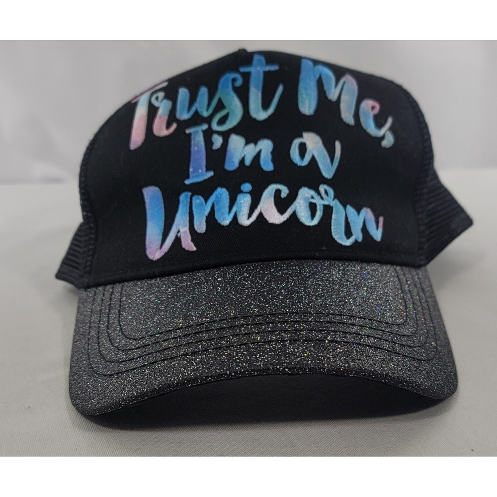 Trust Me I'm A Unicorn Mesh Snapback Trucker Hat with glittered bill